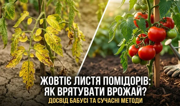 Обкладинка статті: як врятувати помідори, якщо жовтіє листя. Контраст хворої та здорової рослини.